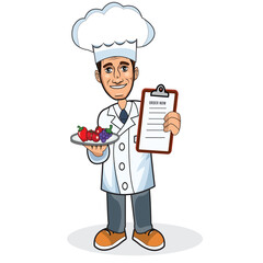 Waiter holding a tray of fruits and showing menu card 