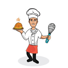 Happy cartoon character standing holding tray with burger and spoon