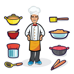 Chef character with equipment elements, kitchen items