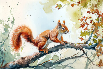 watercolor illustration of a squirrel on a branch - obrazy, fototapety, plakaty