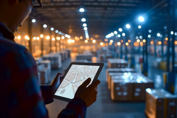 person using a tablet to manage inventory in a warehouse, with a cityscape in the distance