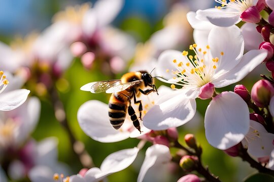 Zoom in on a bee pollinating apple blossoms in an orchard, emphasizing the pollination process, background image, generative AI