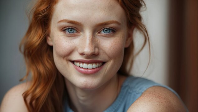 Close-up portrait of a young attractive woman with ginger hair, freckles, and blue eyes smiling at the camera, slight blur in the background, high-definition image with natural lighting.