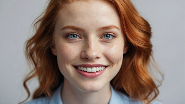 Close-up of a cheerful young woman with ginger hair and blue eyes, smiling broadly in a high-definition image, her skin sprinkled with freckles and the soft-focus background enhancing her features.