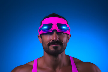 Colorful studio portrait of a fit and healthy man in swimming equipment having fun, electric blue and neon pink. Generative AI