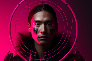 Colorful studio portrait of a young native american man with a dreamcatcher, Charcoal & Neon Pink. Generative AI