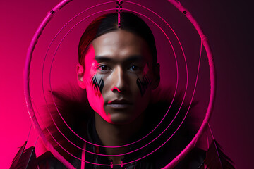 Colorful studio portrait of a young native american man with a dreamcatcher, Charcoal & Neon Pink. Generative AI
