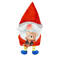 A gnome holds a teddy bear in its hands.
