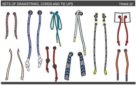 SET OF DRAWSTRINGS, CORDS AND TIE UPS FOR WAIST BAND, BAGS, SHOES, JACKETS, SHORTS, PANTS, DRESS GARMENTS, DRAWCORD AGLETS FOR CLOTHING AND ACCESSORIES VECTOR ILLUSTRATION