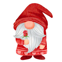 A gnome holds a rose in a garden