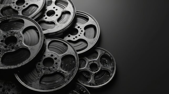 Multiple film reels with a focus on their intricate details.