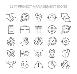 IT Project Management set. Comprehensive icons for teamwork, strategy, and planning. Essential elements for successful execution and goal achievement. Flat vector illustration.