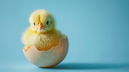 A small yellow chicken in an eggshell on a blue background - obrazy, fototapety, plakaty