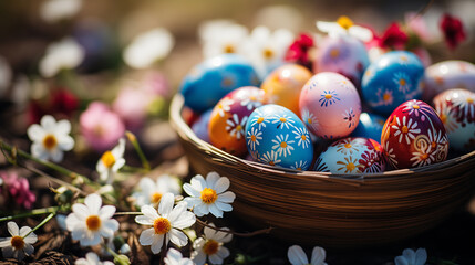 Fototapeta premium Close up of colorful Easter eggs in a basket with flowers
