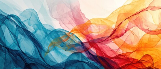 Flowing abstract of smoke-like waves transitioning from cool blue to warm orange tones. - obrazy, fototapety, plakaty