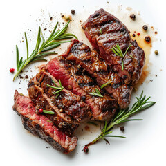 grilled steak with vegetables, pepper, and rosemary leaves. isolated on a white background
