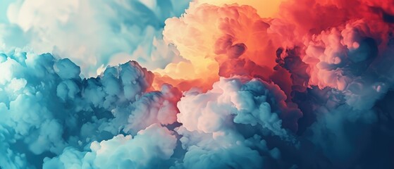 Dramatic watercolour cloudscape with warm orange tones and cool blue gradient.