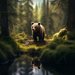 Concept photo of a miniature grizzly bear in the forest - obrazy, fototapety, plakaty