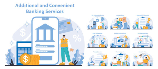 Additional and convenient banking services set. Seamless digital transactions and personalized finance solutions. Online banking, loan management, and estate planning tools. Flat vector illustration.