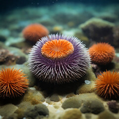 Naklejka na ściany i meble Sea Urchins Revealed Spines, Secrets, and the Harmony of Oceanic Ecosystems ai generated