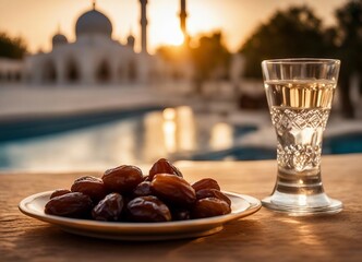 Plate of dates and glass of water on a table, sunset, mosque in background, Ramadan.