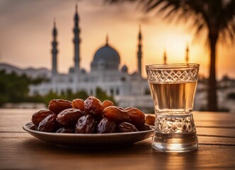 Plate of dates and glass of water on a table, sunset, mosque in background, Ramadan.