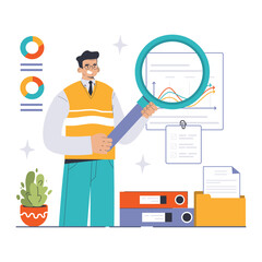 Auditor concept. Diligent man with magnifying glass scrutinizes financial charts, ensuring accuracy and compliance. Folders contain essential documents. Flat vector illustration