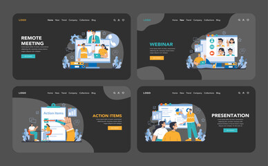 Business meeting night or dark mode web or landing page set. Virtual team interactions, engaging webinars, task prioritization, and informative presentations. Flat vector illustration.