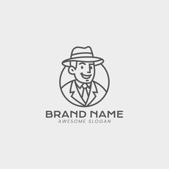 Man in business suit wearing hat monoline logo design. Minimalist vintage old man logo vector illustration.