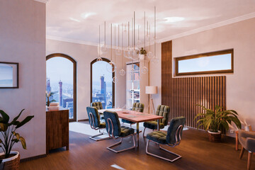 luxurious loft apartment with floor-to-ceiling windows and panoramic view; modern minimalistic interior design of living room and dining room area; bright daylight; 3D rendering