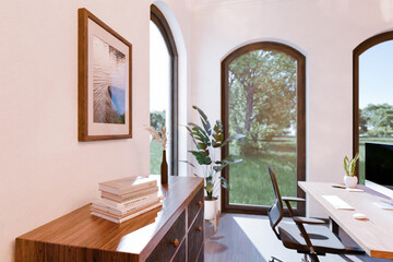 luxurious loft apartment with floor-to-ceiling windows and panoramic view; modern minimalistic interior design of workspace home office area; bright daylight; 3D rendering