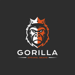 Vintage gorilla wearing king's crown mascot vector logo design. Retro minimalist monkey head illustration as company brand identity. Vector illustration.