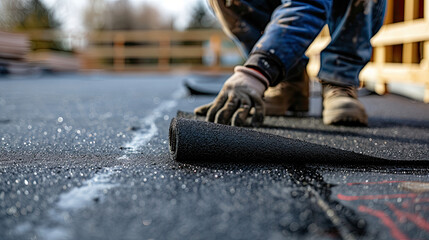 Flat Roof Worker Covering With Roofing Felt	