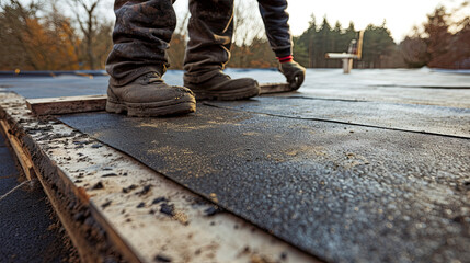 Flat Roof Worker Covering With Roofing Felt	 - obrazy, fototapety, plakaty