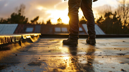 Flat Roof Worker Covering With Roofing Felt	 - obrazy, fototapety, plakaty
