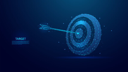 Blue abstract illustration of an arrow hitting the target. Ideal for illustrating the concepts of success, achievement and goals. Low poly wireframe style technology blue background.