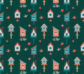 Cute seamless pattern with birds, bird houses, flowers, leaves for childrens textiles, wallpapers. Cartoon flat Vector Illustration.