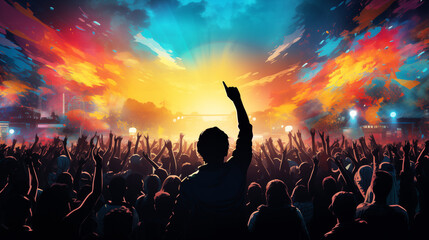 Back view of people with their arms raised at a music festival. Pop art illustration