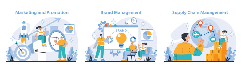 Corporate Strategy set. Enhancing marketing and promotion. Maintaining robust brand management. Streamlining supply chain operations. Visualizing business growth and market reach. vector illustration. - obrazy, fototapety, plakaty