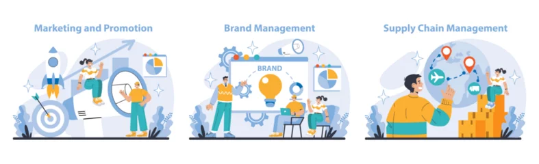 Foto op Plexiglas Corporate Strategy set. Enhancing marketing and promotion. Maintaining robust brand management. Streamlining supply chain operations. Visualizing business growth and market reach. vector illustration. © inspiring.team