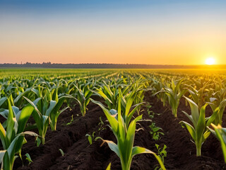 Corn fields, the sun shines beautifully in the evening