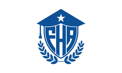 FHA three letter iconic academic logo design vector template. monogram, abstract, school, college, university, graduation cap symbol logo, shield, model, institute, educational, coaching canter, tech