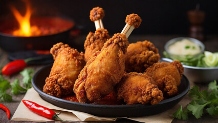 Crispy Fried Chicken Drumstick Cascading with Spicy Chili Flakes
