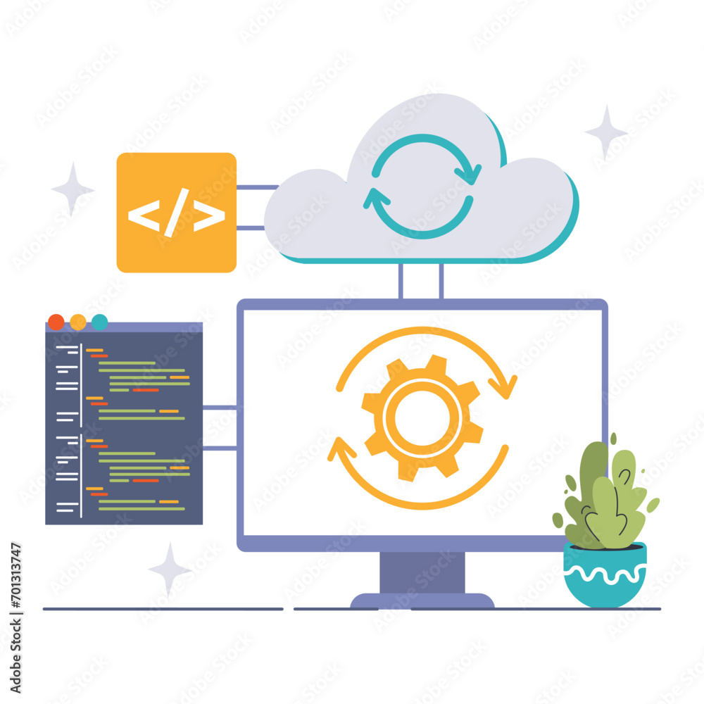 Poster middleware concept with cloud computing graphic and code symbol on a desktop setup, depicting softwa