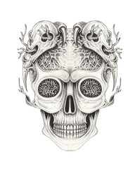 Skull head surrealist art and skull animal design by hand drawing.