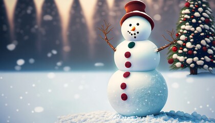 Fototapeta premium cheerful snowman with red hat and scarf suitable as Christmas background
