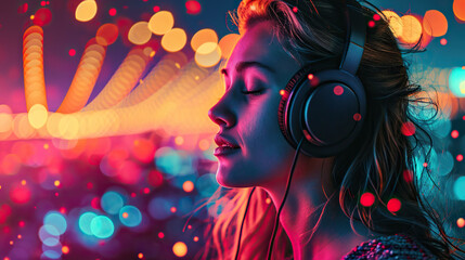 A young woman in headphones listens to music on the street with the colored glowing lights