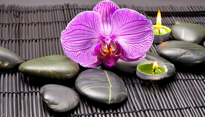 Fototapeta na wymiar candle with orchids and lava stones suitable background for wellness