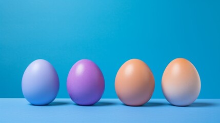 Easter eggs stand vertically on a blue background - obrazy, fototapety, plakaty