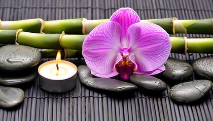 candle with orchids and lava stones suitable background for wellness